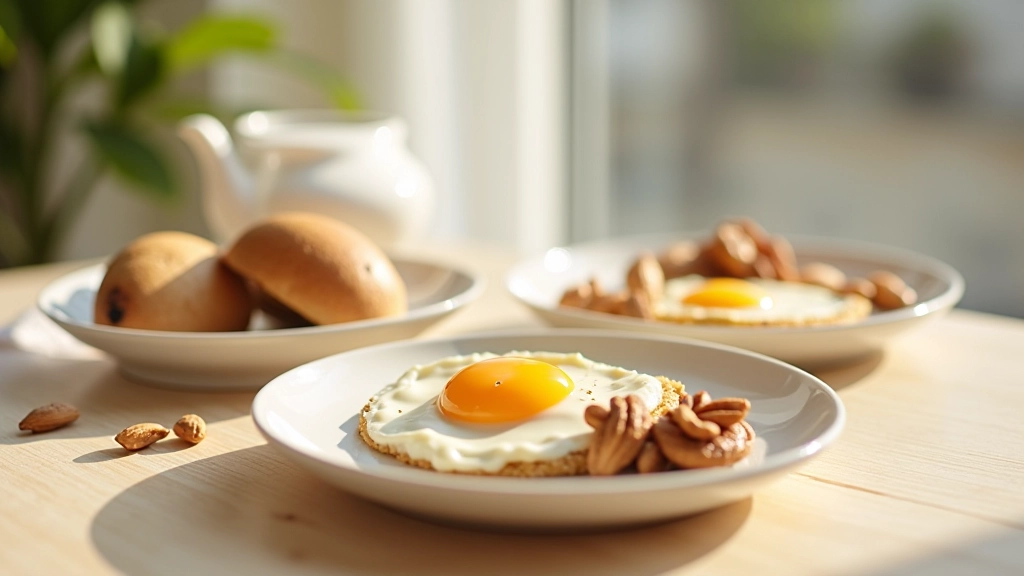 Tallerkener med proteinrige morgenmadsvalg: æg, yoghurt, og nødder på lyst træbord