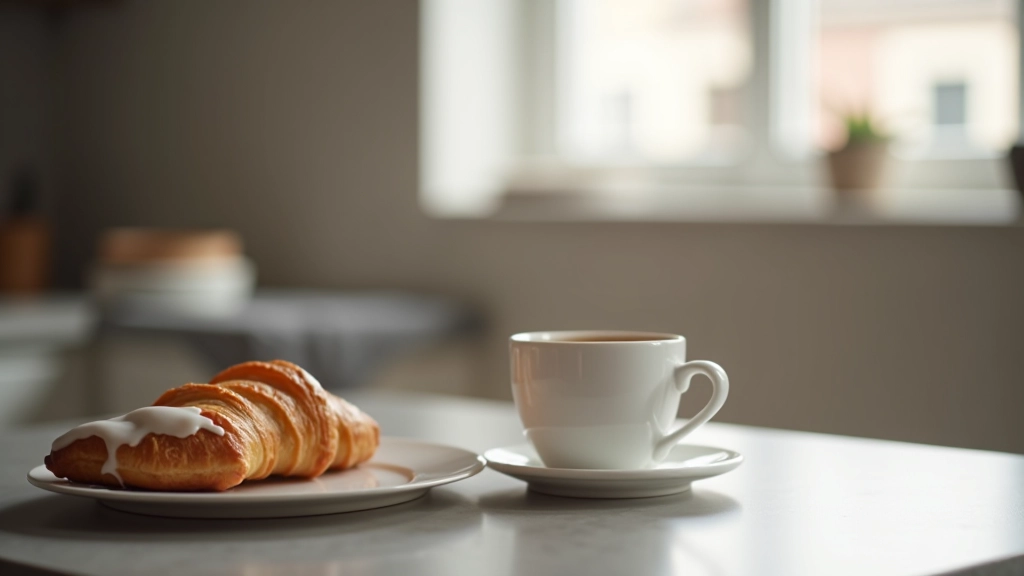 Kaffekop med croissant og glaseret donut på køkkenbord, gråt morning setting