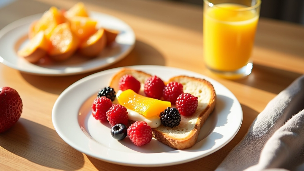 Frokostboks med sund morgenmad på køkkenbord, frisk frugt og kornprodukter