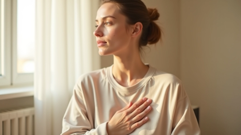 Hånd placeret på hjertet i meditativ øvelse, rolig stemning