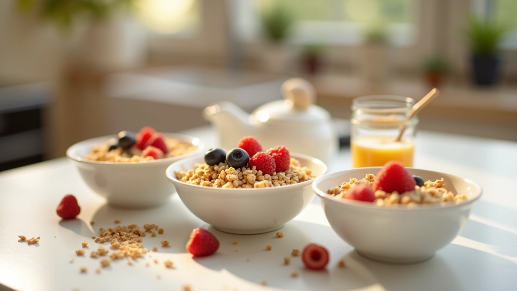 Tre forskellige morgenmadskål arrangeret på køkkenbord med bær, granola og honning
