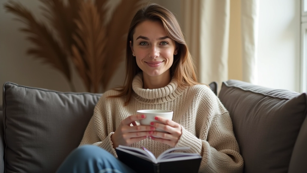 Kvinde ved morgenkaffe med dagbog og pen på sofahygge